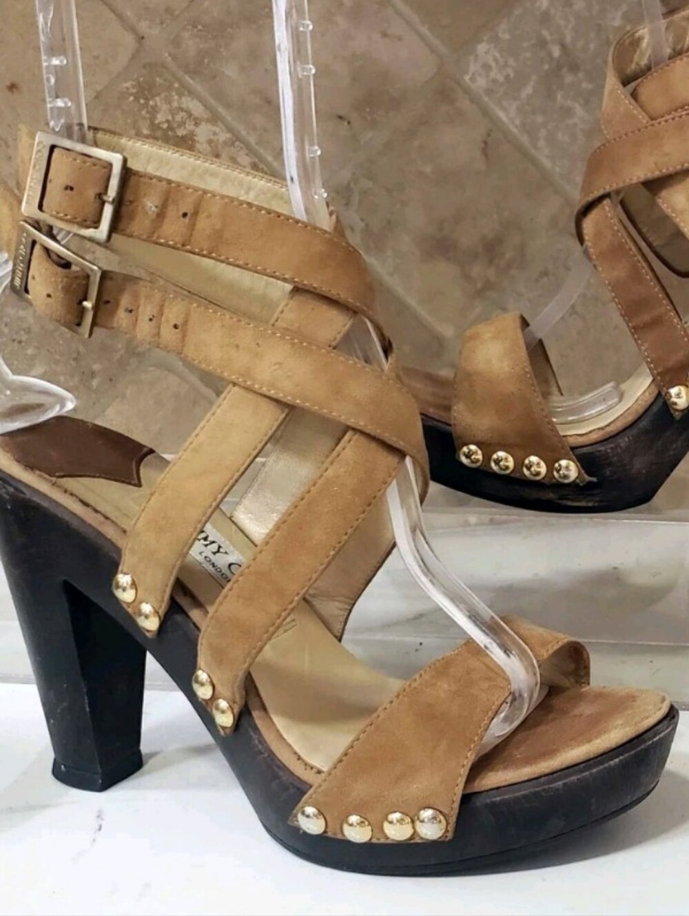 Jimmy Choo Tan Suede Strappy Studded High Heel Sandals
